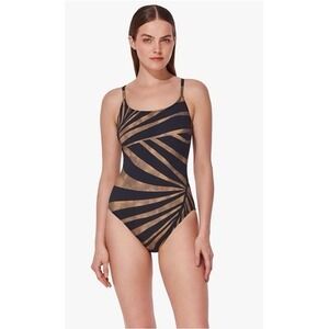 Gottex Women's One Piece Swimsuit Size 16 Black Brown Abstract Swirl Scoop Neck